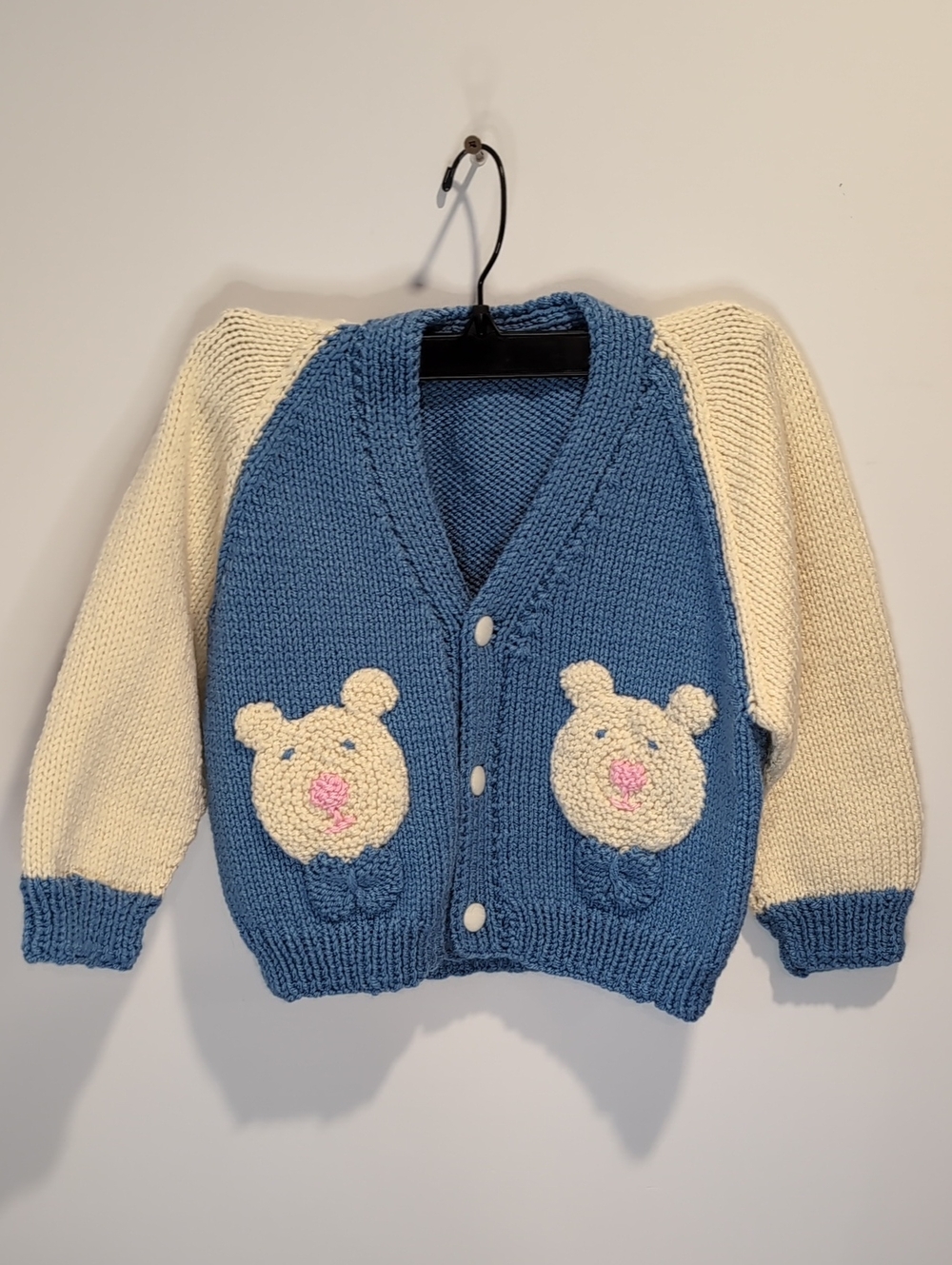Vintage Blue and Cream Hand Knit Kids Cardigan with Teddy Design
